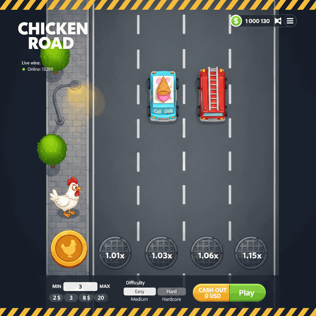 Chicken Road par InOut : une poule blanche traverse une route à plusieurs voies avec des voitures circulant, chaque voie franchie augmente le multiplicateur de gains, interface de jeu de crash avec tableau de bord technique en temps réel et indicateurs de pari